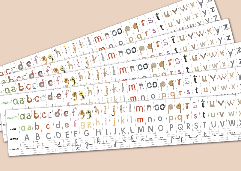 Réglettes de correspondance des écritures en script, majuscules, cursives et zoogoto