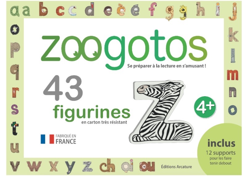 boîte de 43 figurines-animaux-lettres zoogotos, en carton très résistant, fabriquées en France